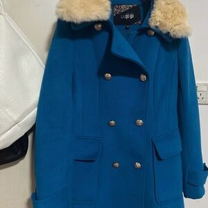Blue Wool Peacoat with Faux Fur Collar Double Breasted Winter Coat Classic